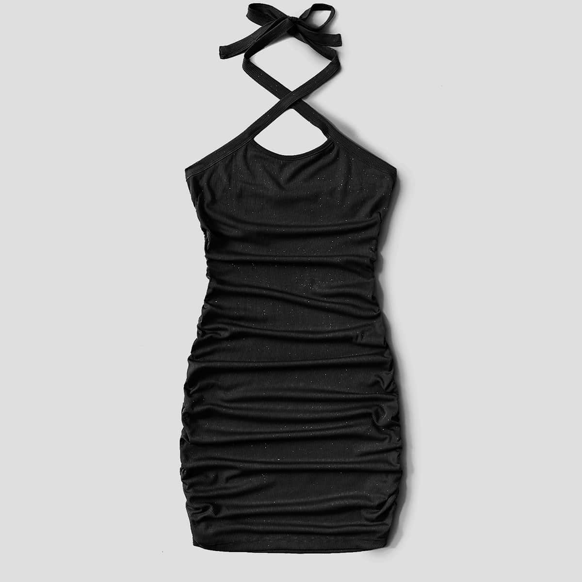 

Solid Ribbed Ruched Halter Dress, Black