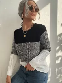 SHEIN LUNE Jersey de color combinado tejido de cable