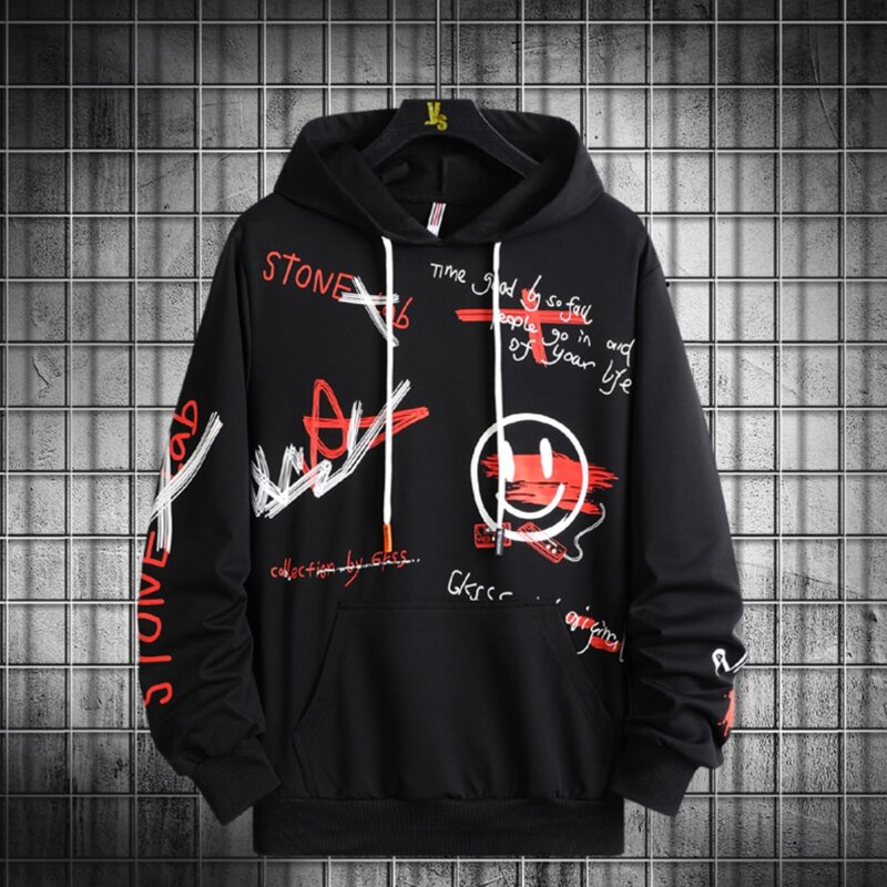 

Guys Graffiti Print Kangaroo Pocket Drawstring Hoodie, Black