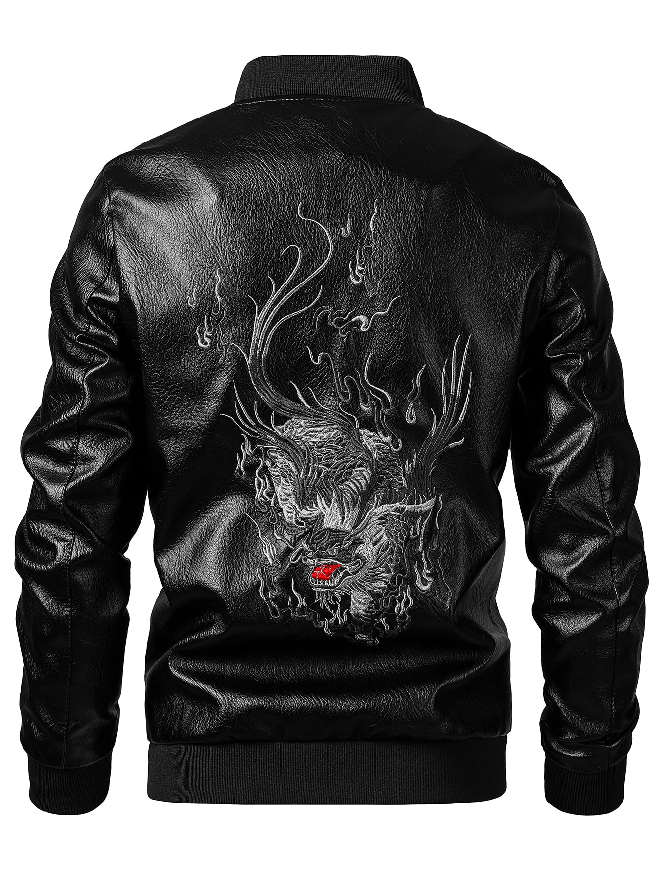 Men Chinese Dragon Embroidery Zipper PU 