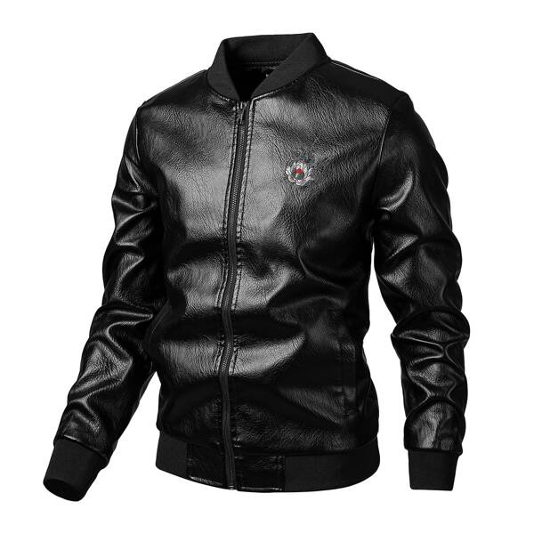 

Men Chinese Dragon Embroidery Zipper PU Leather Bomber Jacket, Black