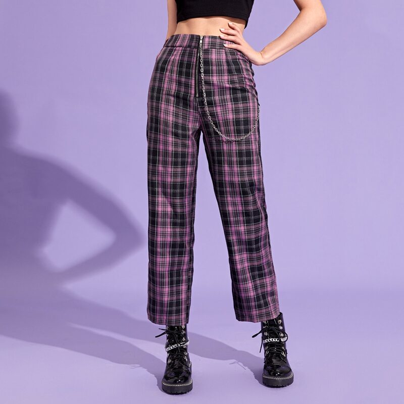 

Plaid Zip Up Chain Pants, Multicolor