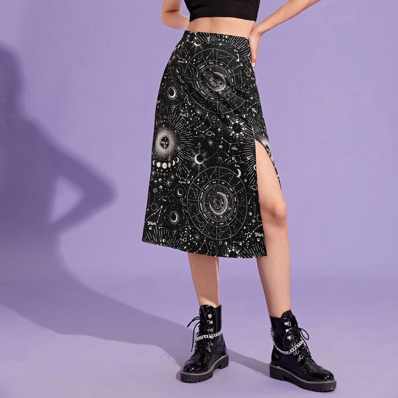 

Sun & Moon Graphic Split Skirt, Black