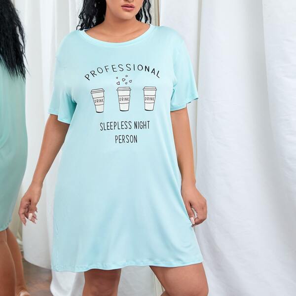

Plus Drink Cup & Letter Graphic Nightdress, Mint blue