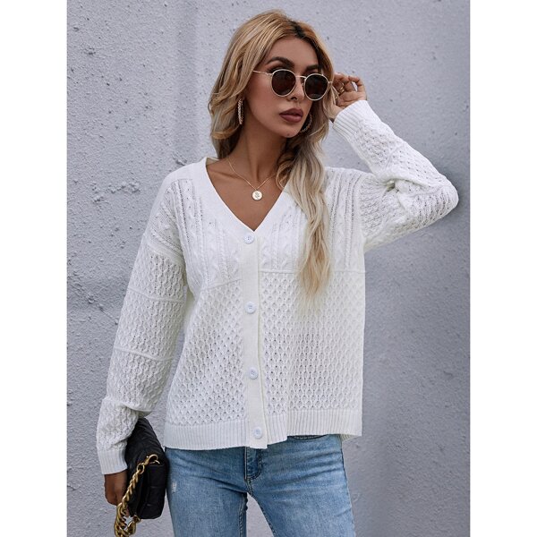 

Drop Shoulder Button Front Cardigan, White