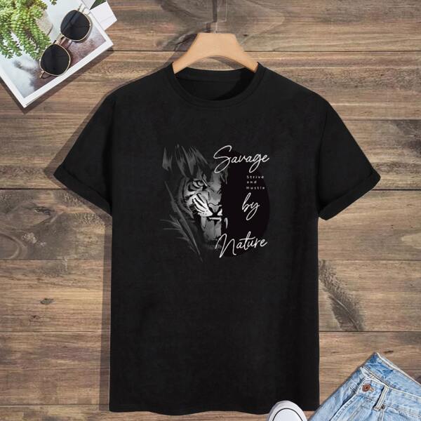 

Men Slogan & Tiger Print Tee, Black