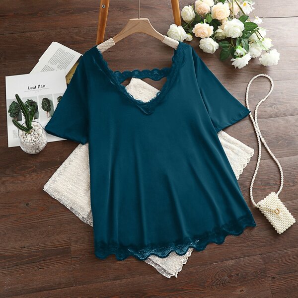 

Plus Contrast Lace Cut Out Back Tee, Teal blue