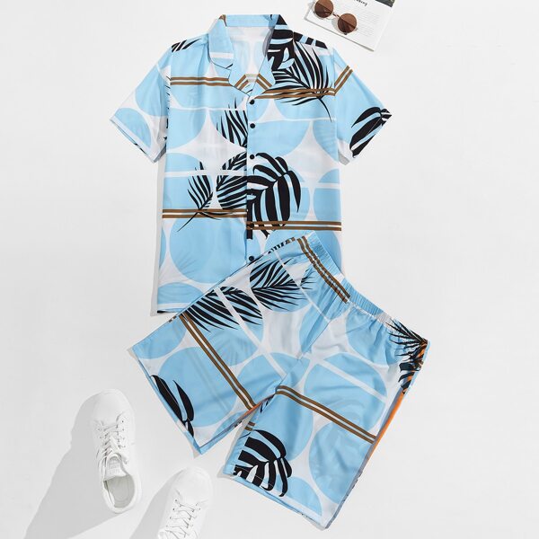 

Men Tropical & Striped Shirt And Shorts Set, Multicolor