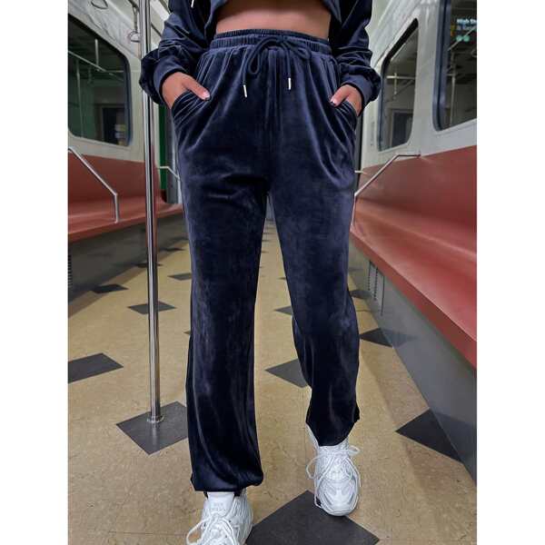 

Drawstring Waist Slant Pocket Velvet Sweatpants, Navy blue