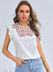 SHEIN 缺口領刺繡肩部球球細節荷葉邊袖口上衣 - 白色 - 查看 1