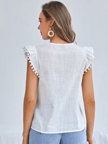 SHEIN 缺口領刺繡肩部球球細節荷葉邊袖口上衣 - 白色 - 查看 2