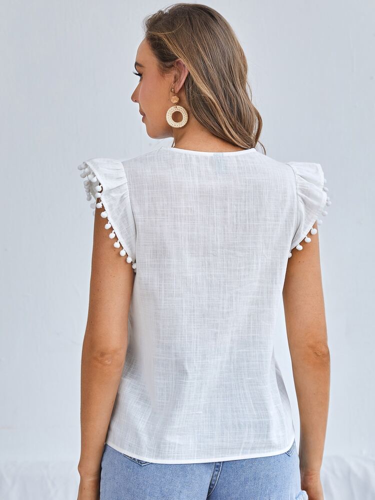 SHEIN Notch Neck Embroidery Yoke Pompom Detail Ruffle Armhole Top - White - View 2