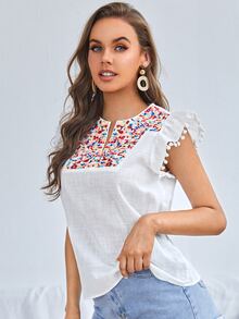 SHEIN 缺口領刺繡肩部球球細節荷葉邊袖口上衣 - 白色 - 查看 5