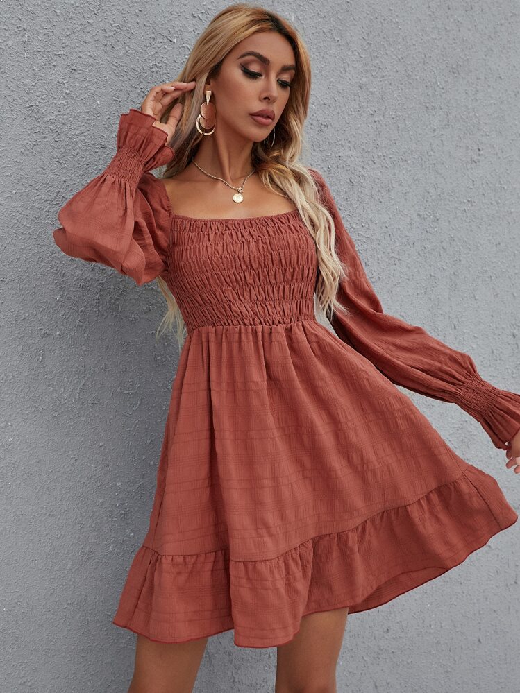 shirred ruffle hem fitted dress White Off Shoulder Puff Sleeve Shirred Ruffle Hem Slim Fit Dress –  Wear.Style main image 1