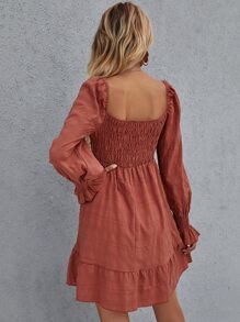 打褶緊身上衣荷葉邊洋裝 - 紅木色 - 查看 2