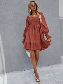 打褶緊身上衣荷葉邊洋裝 - 紅木色 - 查看 3