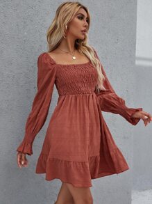 打褶緊身上衣荷葉邊洋裝 - 紅木色 - 查看 4