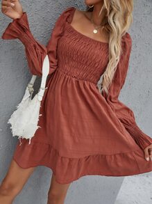 打褶緊身上衣荷葉邊洋裝 - 紅木色 - 查看 6