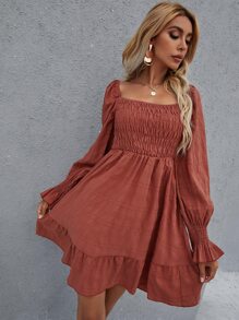 打褶緊身上衣荷葉邊洋裝 - 紅木色 - 查看 5