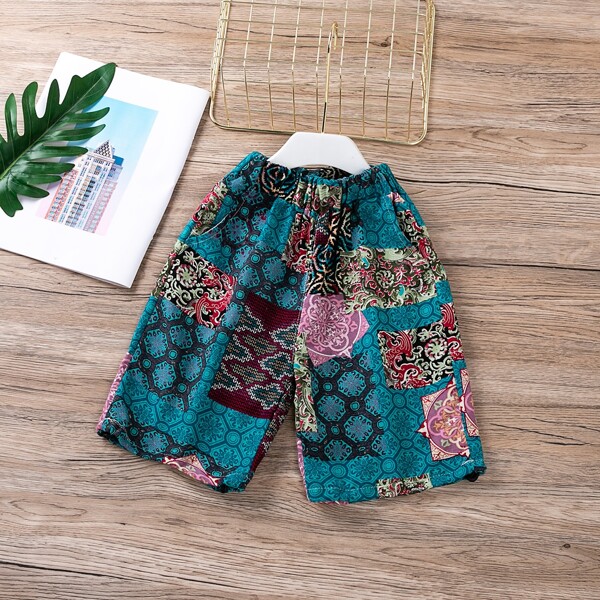 

Toddler Boys Geo And Scroll Print Patchwork Pants, Blue