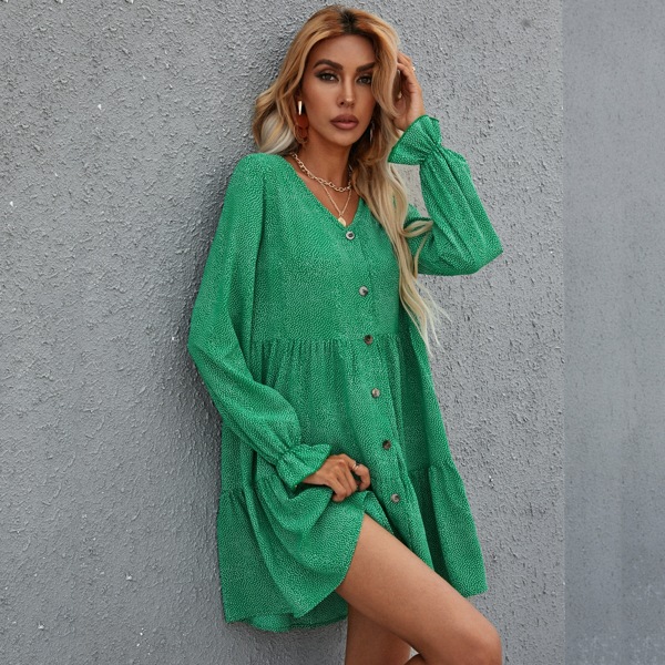 

Allover Print Button Front Smock Dress, Green