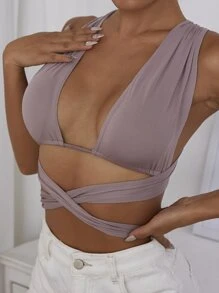 Chiquease Áo hai dây Hội Chữ thập Buộc lại màu trơn Gợi cảm - Bụi tím - Xem 4