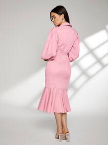 Modelyn 西裝領燈籠袖雙排釦魚尾裙下擺腰帶外套