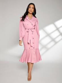 Modelyn 西裝領燈籠袖雙排釦魚尾裙下擺腰帶外套