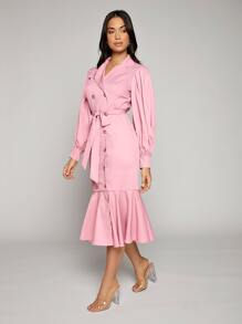 Modelyn 西裝領燈籠袖雙排釦魚尾裙下擺腰帶外套