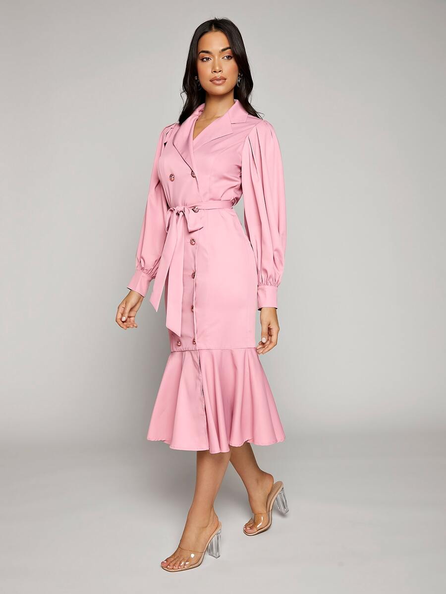 Modelyn 西裝領燈籠袖雙排釦魚尾裙下擺腰帶外套