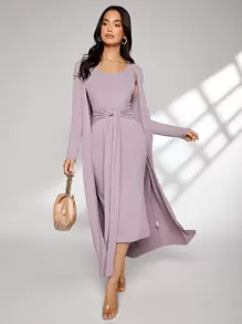 Modelyn unicolor de canalé con cinturón Vestido & Abrigo - Púrpura polvoriento - Ver 1