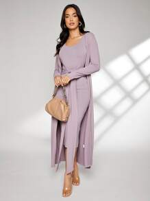 Modelyn unicolor de canalé con cinturón Vestido & Abrigo - Púrpura polvoriento - Ver 4