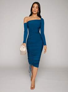 Modelyn 素色褶邊不對稱領抽繩下擺緊身連衣裙 - 藏蓝色 - 查看 1