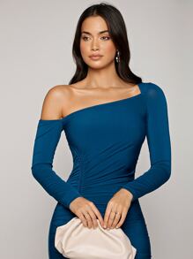 Modelyn 素色褶邊不對稱領抽繩下擺緊身連衣裙 - 藏蓝色 - 查看 4