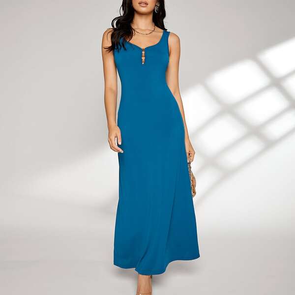 

Solid Cutout Longline Dress, Blue