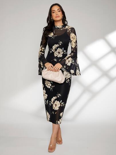 Modelyn Floral Print Bell Sleeve Split Back Dress Floral Outfit For Womenlong Sleeve Midi Dress