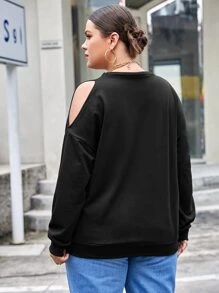 Sudadera con estampado de slogan de hombros descubiertos - Negro - Ver 2