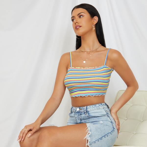 

1pc Striped Colorblock Lettuce Trim Crop Cami Top, Multicolor