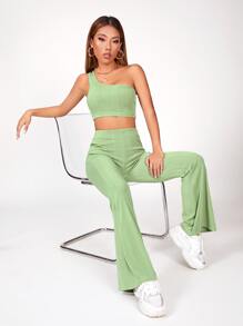 SHEIN PETITE Top corto de un hombro unicolor con pantalones - verde menta - Ver 3
