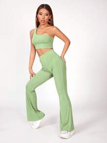 SHEIN PETITE Top corto de un hombro unicolor con pantalones - verde menta - Ver 4