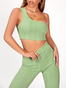 SHEIN PETITE Top corto de un hombro unicolor con pantalones - verde menta - Ver 5