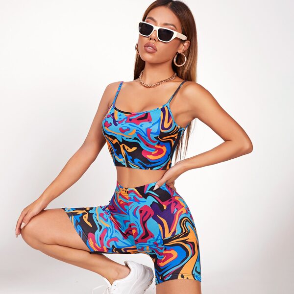 

Graphic Print Cami Top & Biker Shorts Set, Multicolor