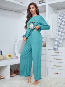 SHEIN Bộ giản dị Con số Giải trí - Màu xanh ngọc - Xem 3