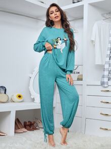 SHEIN Bộ giản dị Con số Giải trí - Màu xanh ngọc - Xem 1