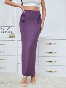SHEIN Ruched High Waist Maxi Pencil Skirt - Dusty Purple - View 1