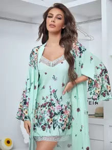 SHEIN Floral Print Lace Detail Slip Nightdress With Robe - Multicolor - View 5