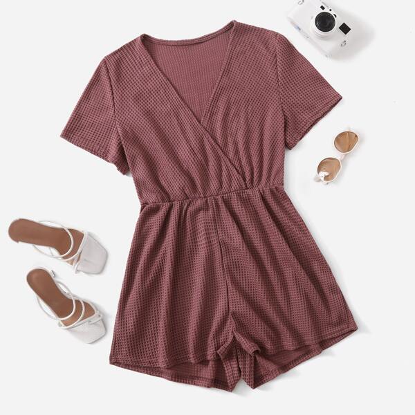 

Plus Surplice Front Waffle Knit Romper, Redwood