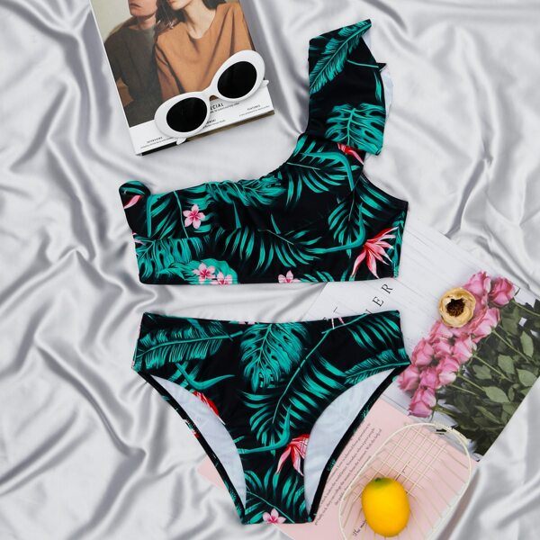 

Tropical Ruffle One Shoulder Bikini Swimsuit, Multicolor