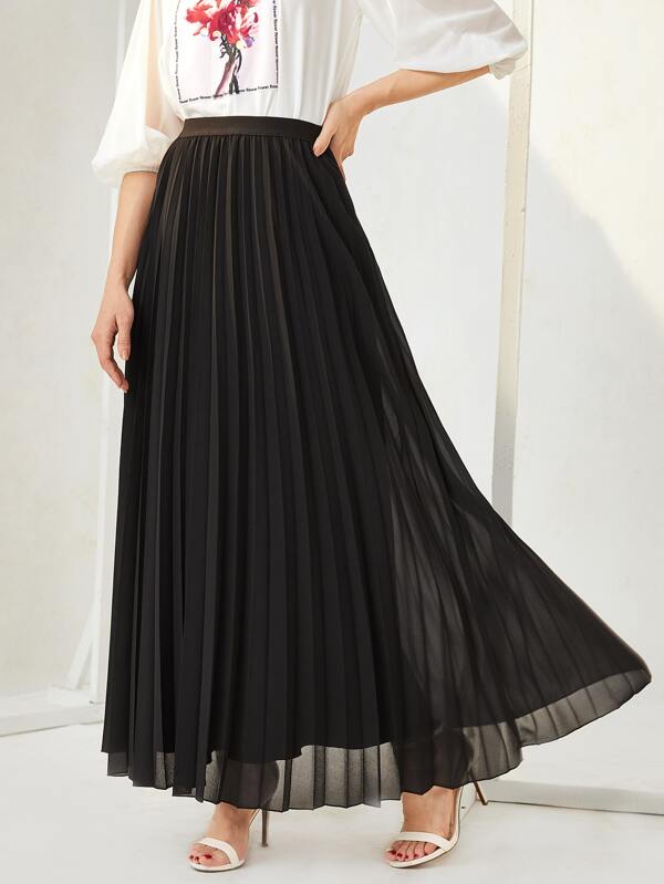 Mulvari Women Solid Color Daily Wear Pleated Maxi Skirt