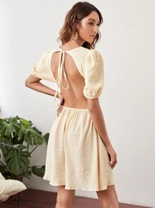 SHEIN VCAY Vestido unicolor de manga farol con cordón de espalda abierta - Albaricoque - Ver 2